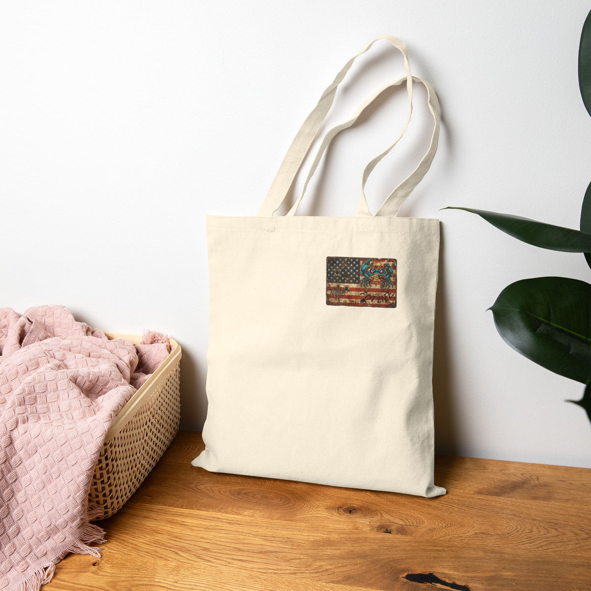 Xedition77 Guinea VA. CRAB" POT" LIFE Vintage American Flag Cotton Tote Bag — Small Patriotic Canvas Grocery Tote