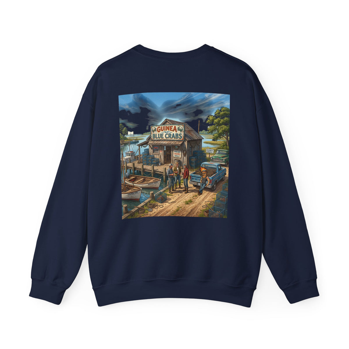 Xedition77 CRAB"POT" LIFE GUINEA VA.American Flag Chest Patch Crewneck Sweatshirt