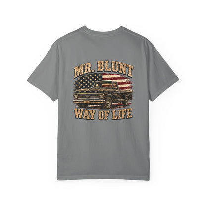 Mr. Blunt Way of Life T-Shirt - Vintage Truck &amp; American Flag Graphic