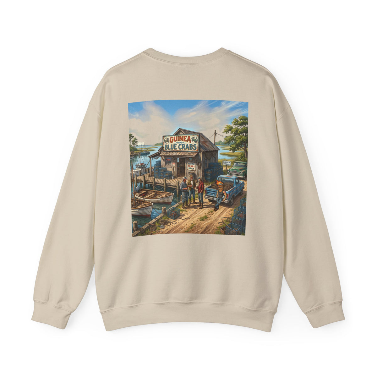 Xedition77 CRAB"POT" LIFE GUINEA VA.American Flag Chest Patch Crewneck Sweatshirt
