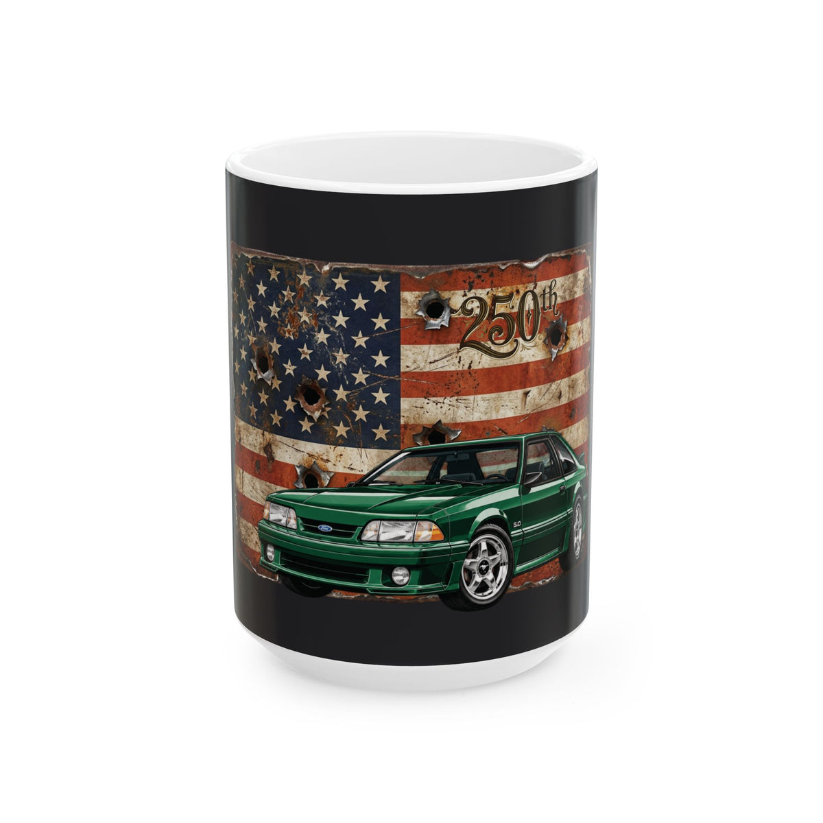 American Muscle Car Mug — Green Foxbody Mustang with Distressed Flag (11oz/15oz)