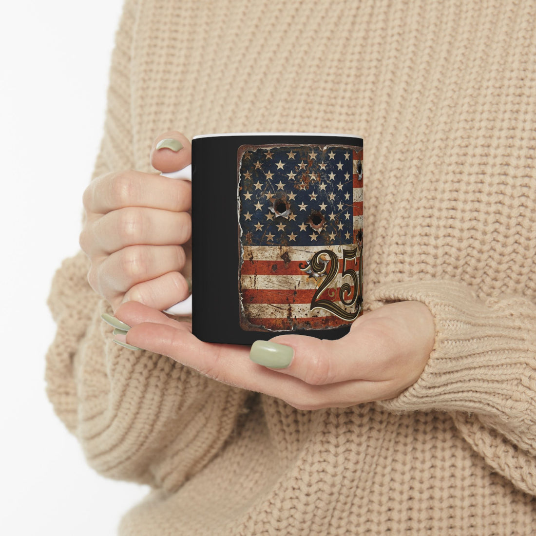 250th Anniversary American Flag Bullet Hole Ceramic Mug   Patriotic Veteran Gift (11oz/15oz)