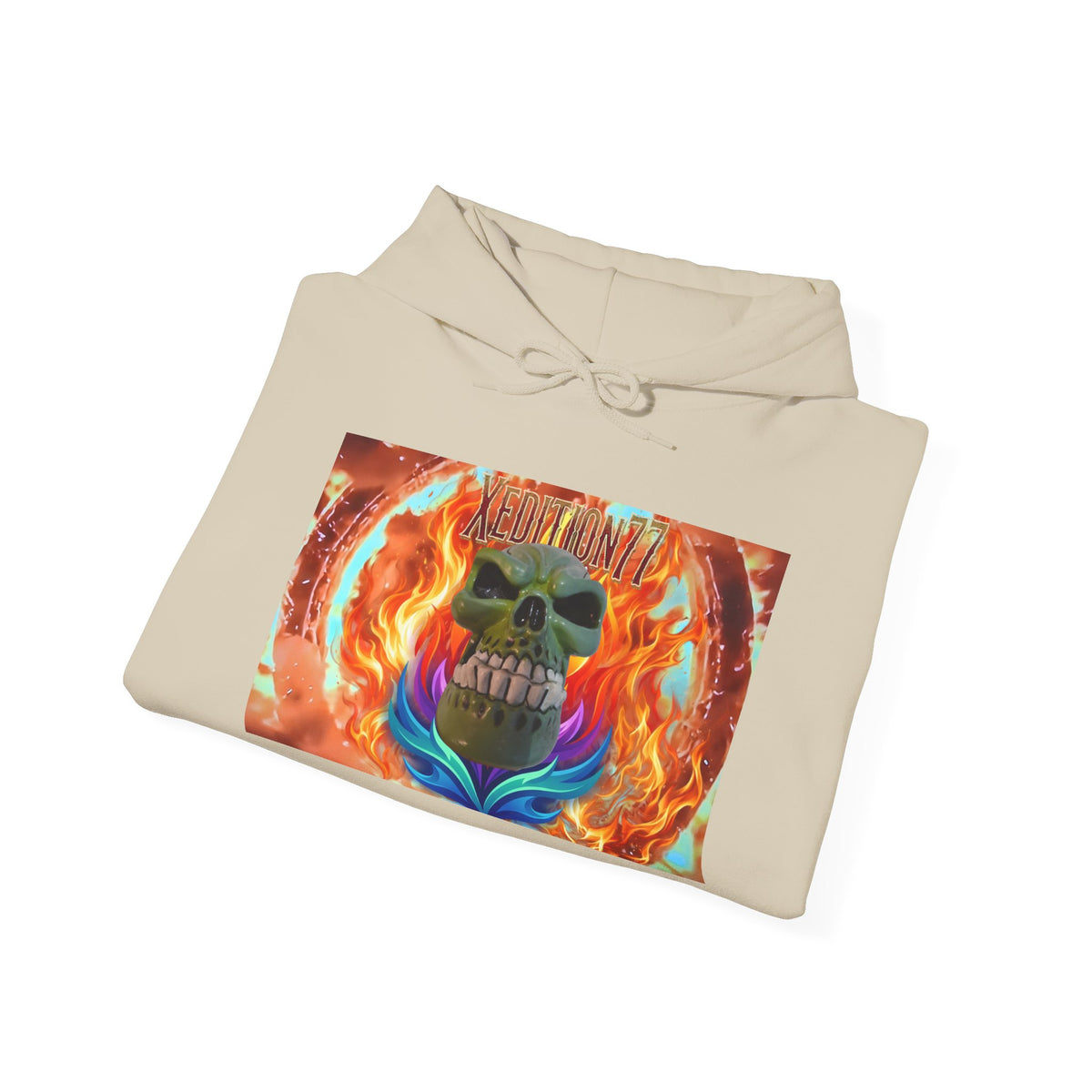 XEDITION77 Skull Flame Hoodie – Colorful Flaming Skull Graphic Pullover