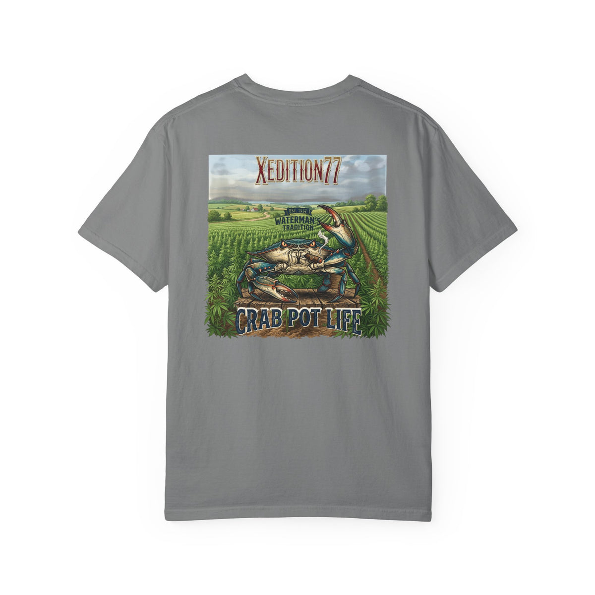 XEDITION77 "Crab Pot Life" T-Shirt — Rustic American Flag Chest Logo &amp; Back Fishing Scene