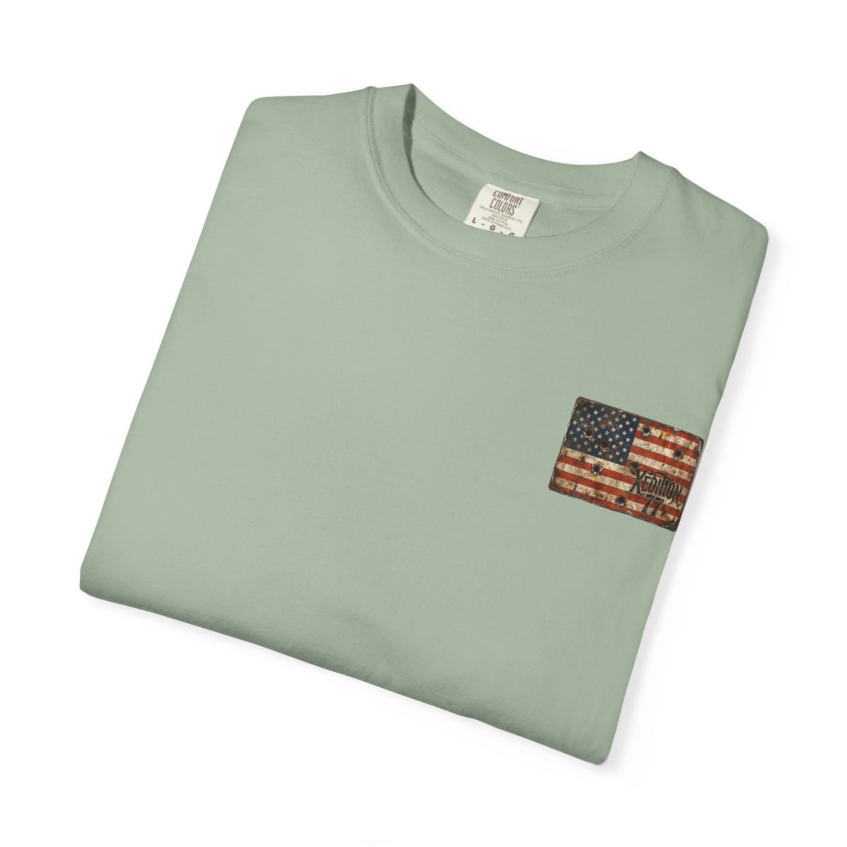 XEDITION77 "Crab Pot Life" T-Shirt — Rustic American Flag Chest Logo &amp; Back Fishing Scene