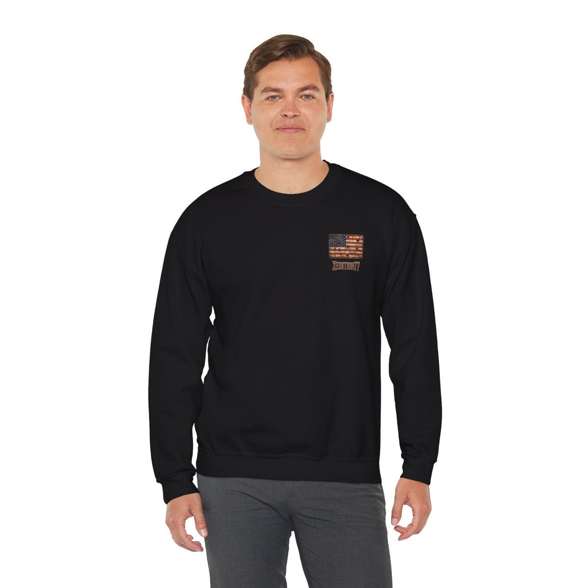 Crewneck Sweatshirt — Distressed American Flag "ADVENTURE" Chest Graphic