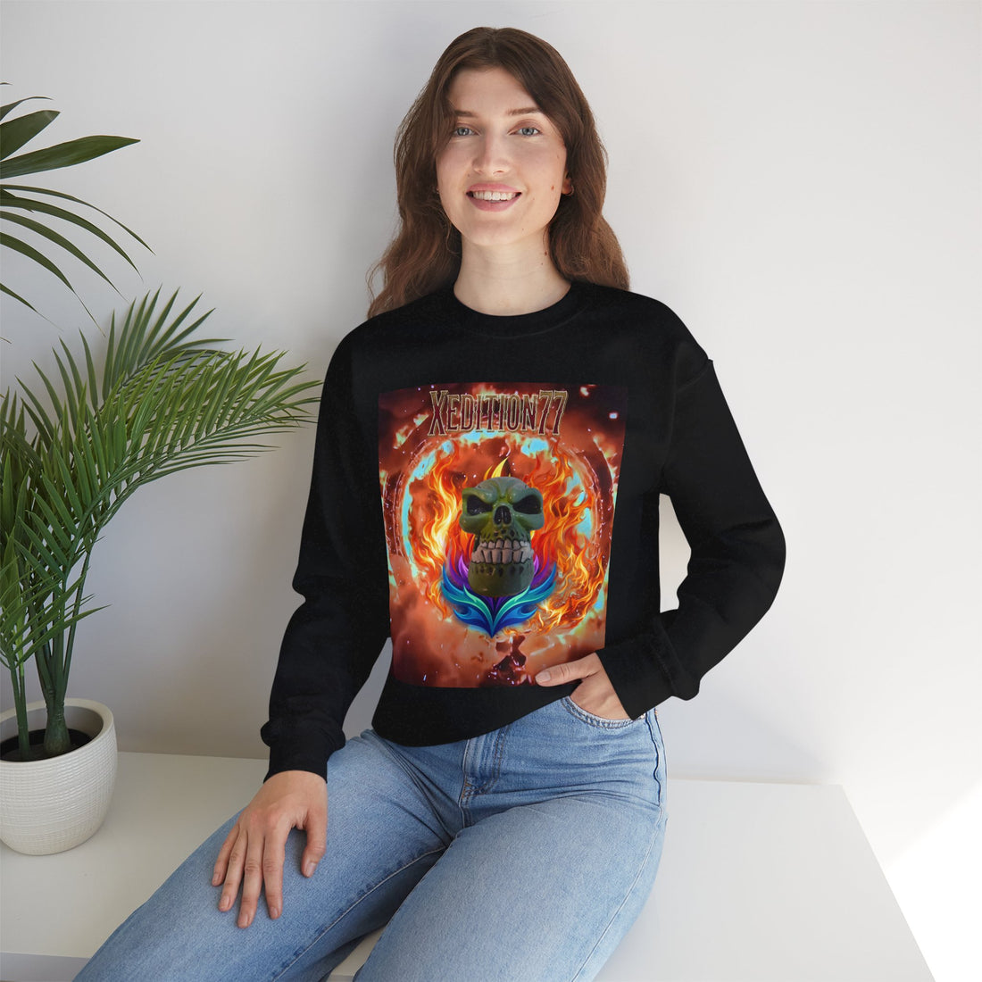 XEDITION77 Flaming Skull Crewneck Sweatshirt