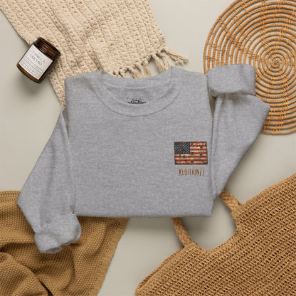 Crewneck Sweatshirt — Distressed American Flag "ADVENTURE" Chest Graphic
