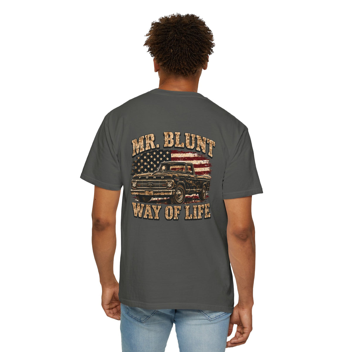 Mr. Blunt Way of Life T-Shirt - Vintage Truck &amp; American Flag Graphic