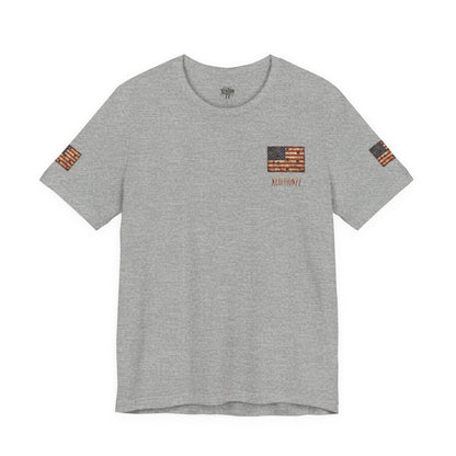 American Flag Pocket T‑Shirt — Rustic USA Patriot Tee with ‘All Veterans’ Text