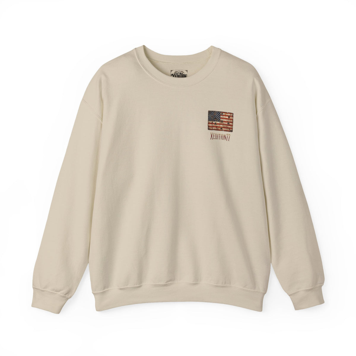 Crewneck Sweatshirt — Distressed American Flag "ADVENTURE" Chest Graphic