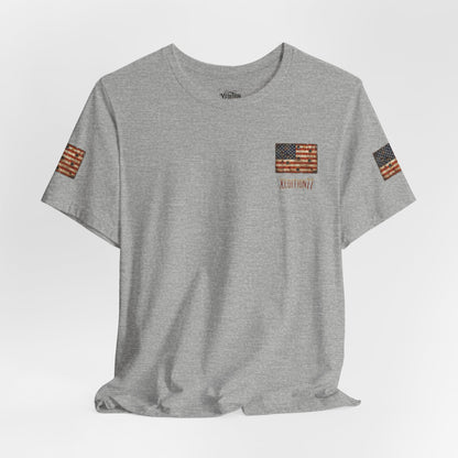 American Flag Pocket T‑Shirt — Rustic USA Patriot Tee with ‘All Veterans’ Text