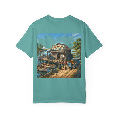 Xedition77 GUINEA VA.Blue Crab Shack T-Shirt  Coastal Fishing Dock Graphic Tee