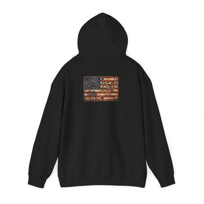 Statue of Liberty flag hoodie with a vintage American flag graphic on the back.