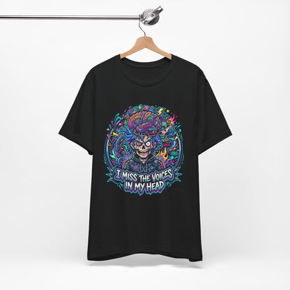 Skull &amp; Brain Graphic Tee — "I Miss the Voices in My Head" Psychedelic T-Shirt