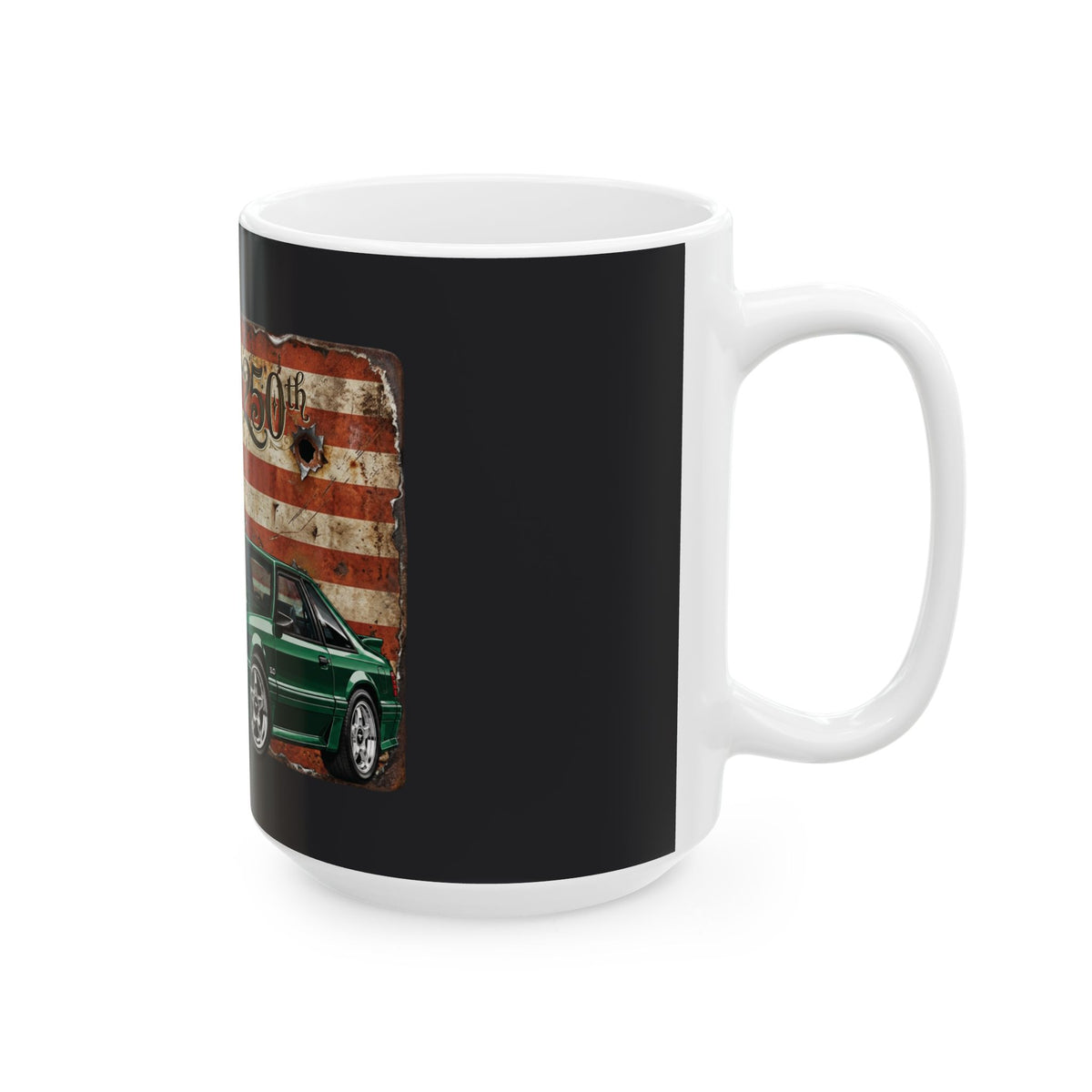 American Muscle Car Mug — Green Foxbody Mustang with Distressed Flag (11oz/15oz)