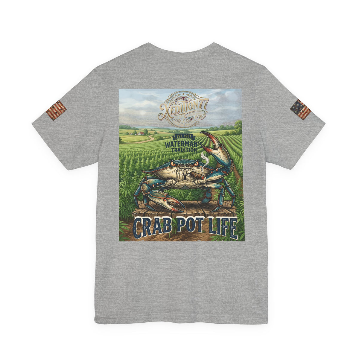 XEDITION77 "Crab Pot Life"American Flag Chest Pocket T‑Shirt