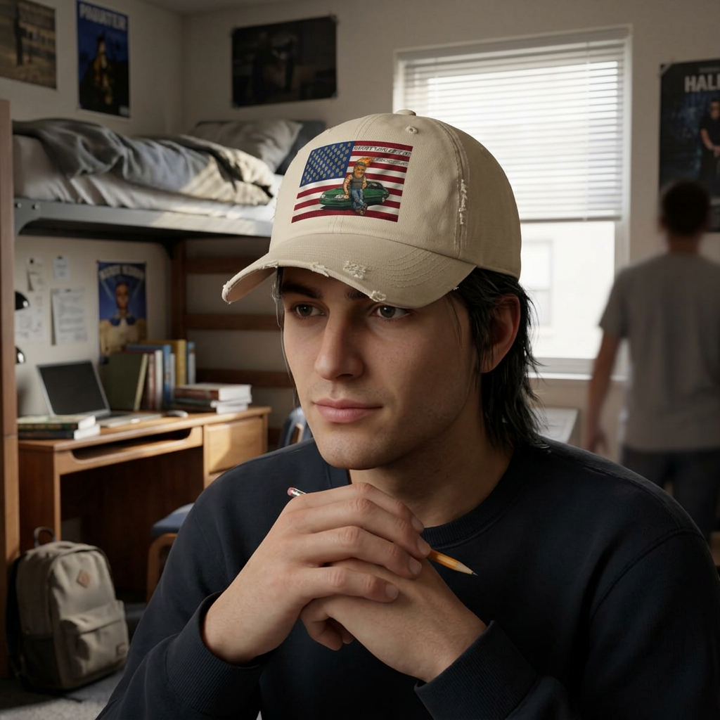 Distressed Dad Hat - American Flag with Mechanic Kneeling Over Vintage Truck (Patriotic Repairman Design)