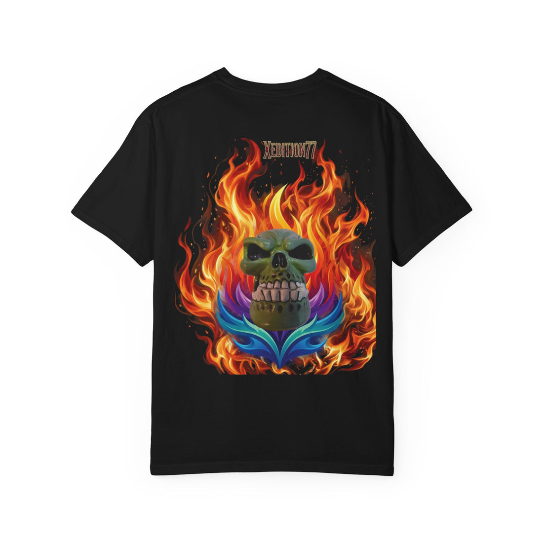 "Xedition77 Flaming Skull Graphic Tee Back Print