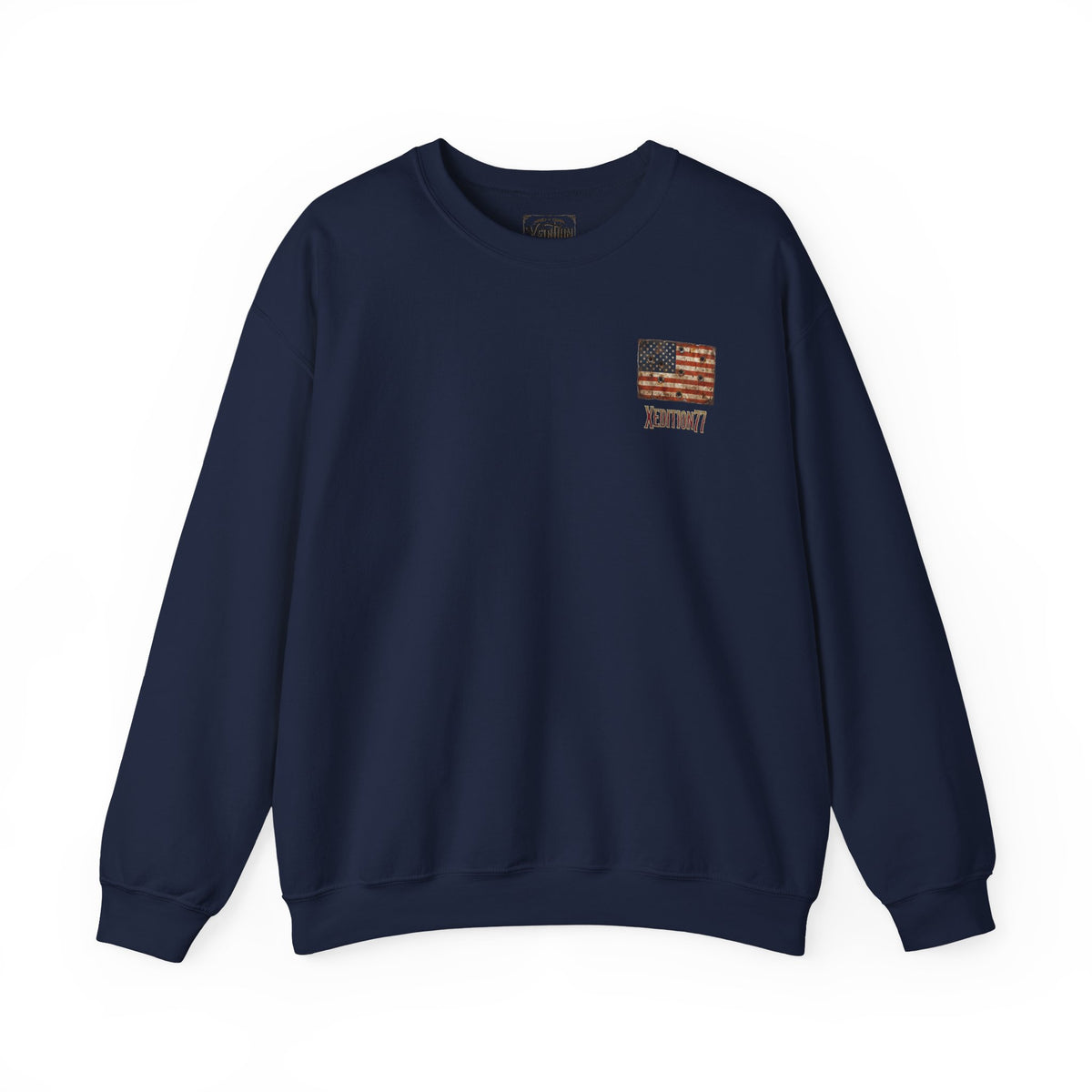 Crewneck Sweatshirt — Distressed American Flag "ADVENTURE" Chest Graphic