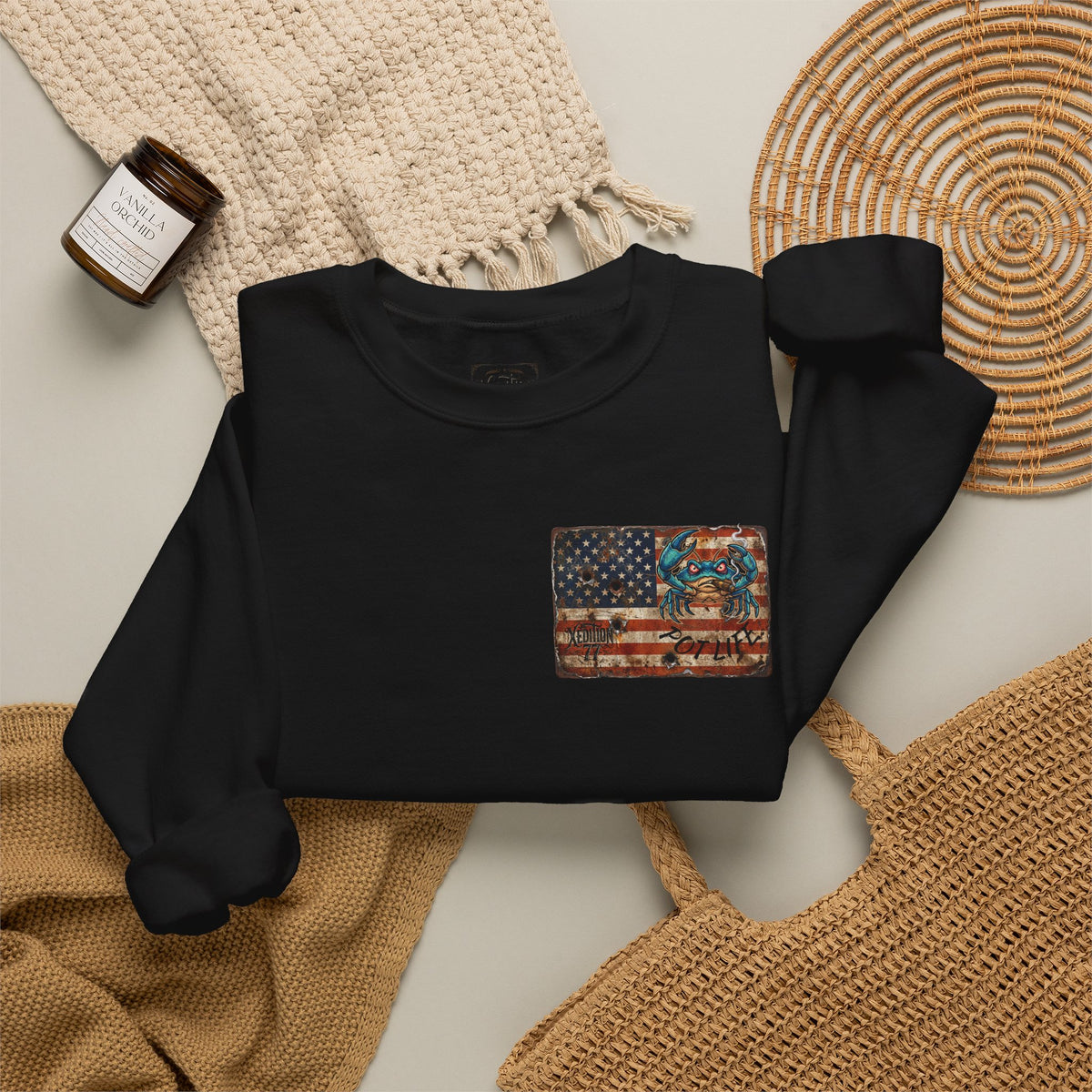 Xedition77 CRAB"POT" LIFE GUINEA VA.American Flag Chest Patch Crewneck Sweatshirt