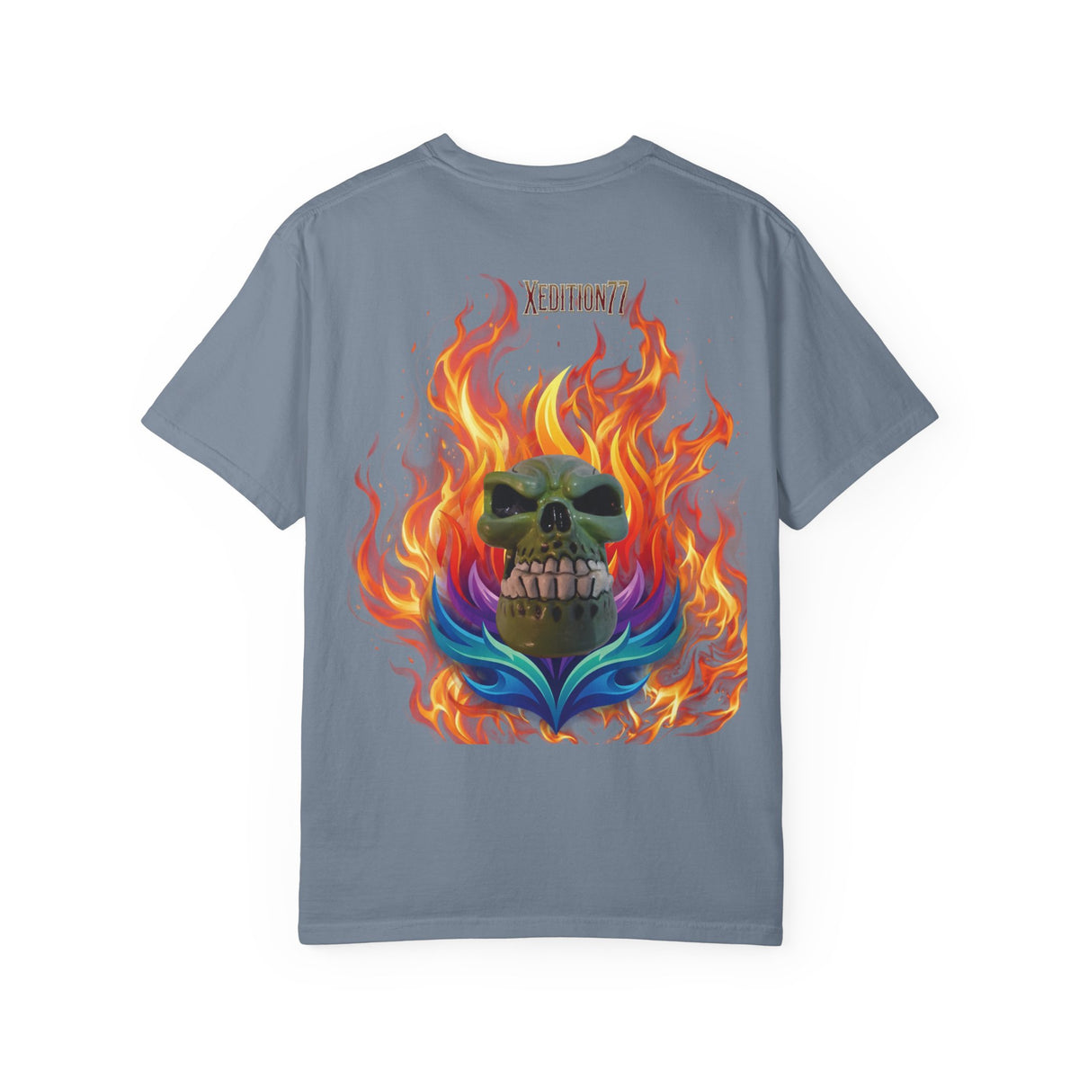 "Xedition77  Flaming Skull Graphic Tee   Back Print