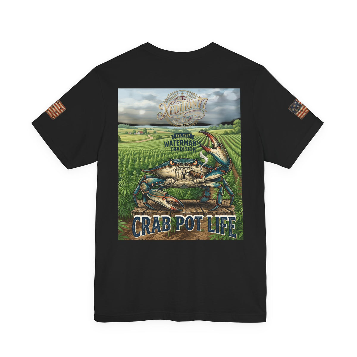 XEDITION77 "Crab Pot Life"American Flag Chest Pocket T‑Shirt