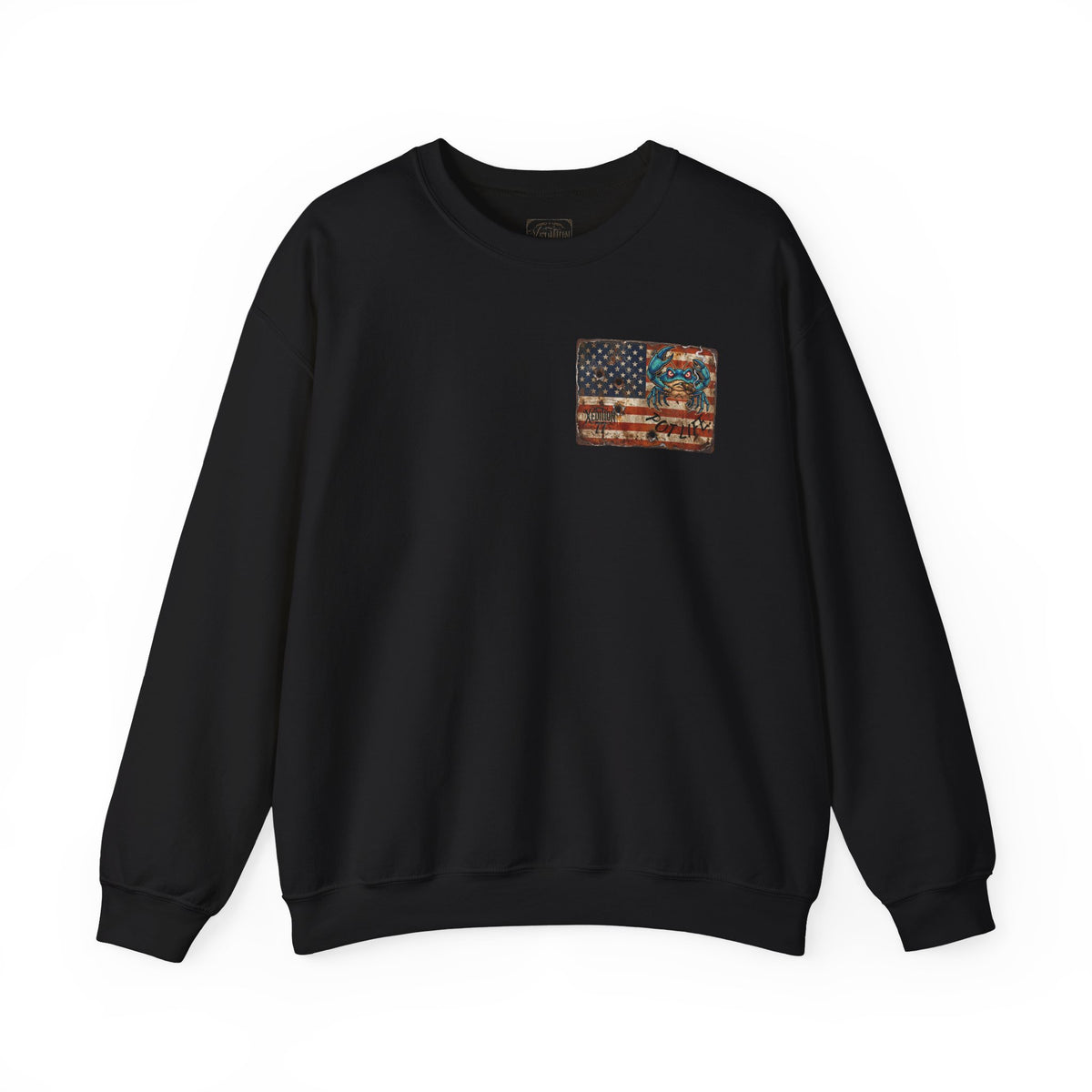 Xedition77 CRAB"POT" LIFE GUINEA VA.American Flag Chest Patch Crewneck Sweatshirt