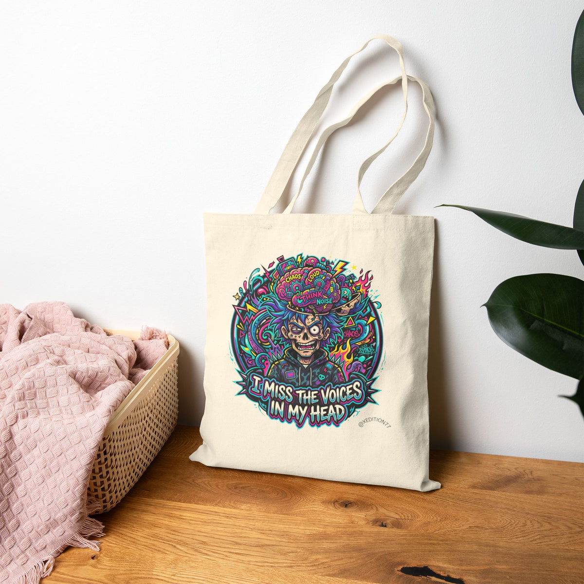 Xedition77 Tote Bag   Psychedelic Skull "I Miss The Voices In My Head" Canvas Tote