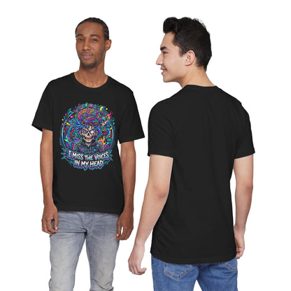 Skull &amp; Brain Graphic Tee — "I Miss the Voices in My Head" Psychedelic T-Shirt