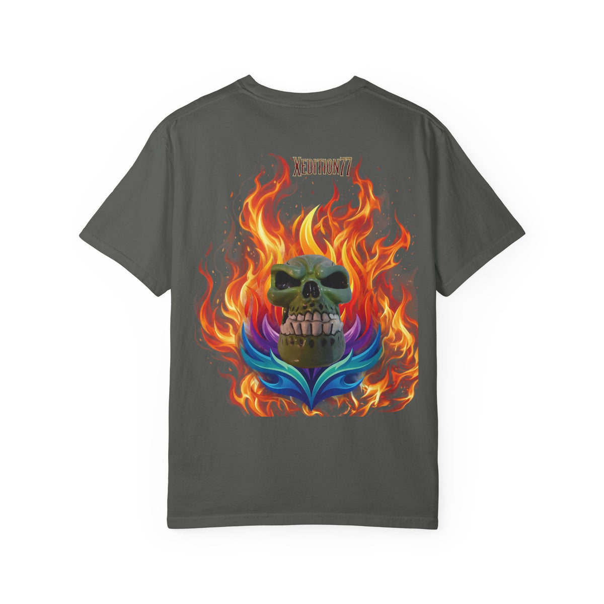 "Xedition77  Flaming Skull Graphic Tee   Back Print
