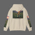 Back of cream Mr. Blunt hoodie, hood down, with character, green car, cannabis plants and mountain artwork.