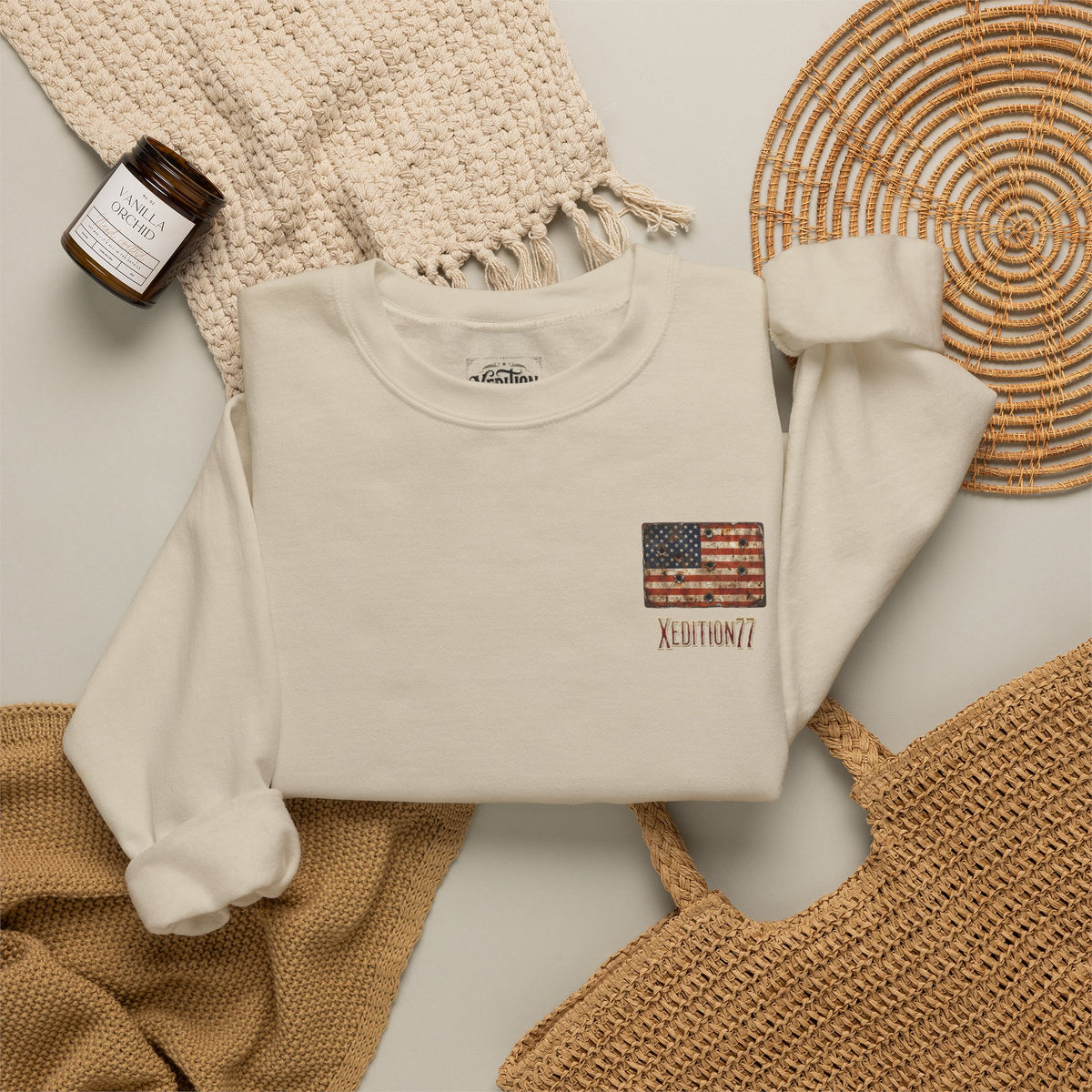 Crewneck Sweatshirt — Distressed American Flag "ADVENTURE" Chest Graphic