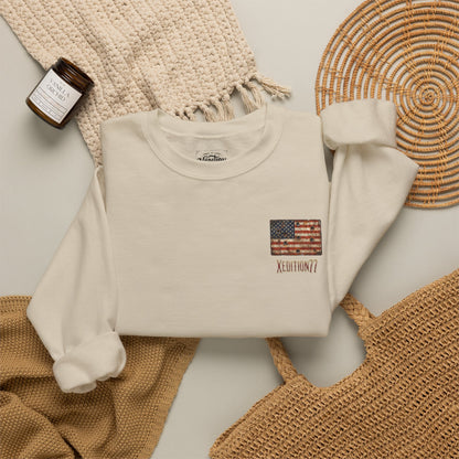 Crewneck Sweatshirt — Distressed American Flag "ADVENTURE" Chest Graphic