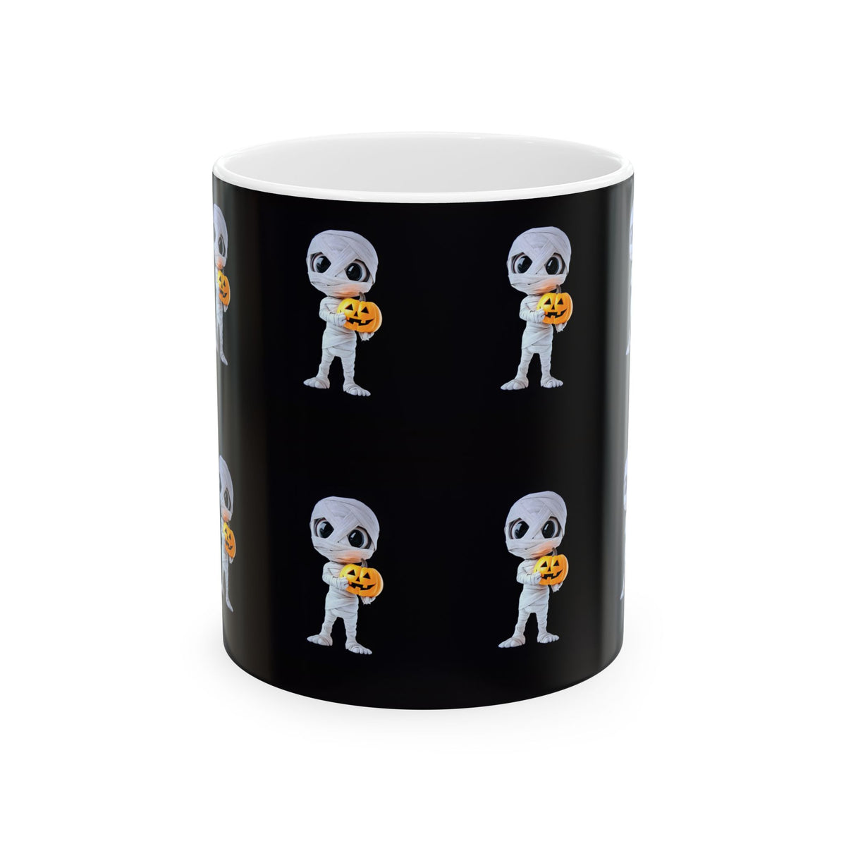 Mummy Holding Jack-o’-Lantern Ceramic Mug — Cute Halloween Coffee Cup (11oz &amp; 15oz)