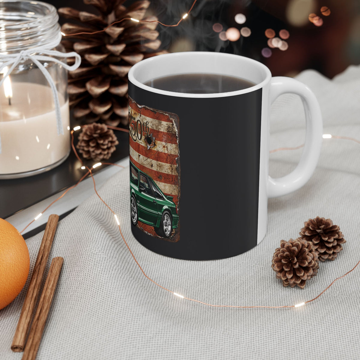American Muscle Car Mug — Green Foxbody Mustang with Distressed Flag (11oz/15oz)