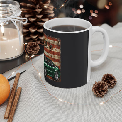 American Muscle Car Mug — Green Foxbody Mustang with Distressed Flag (11oz/15oz)