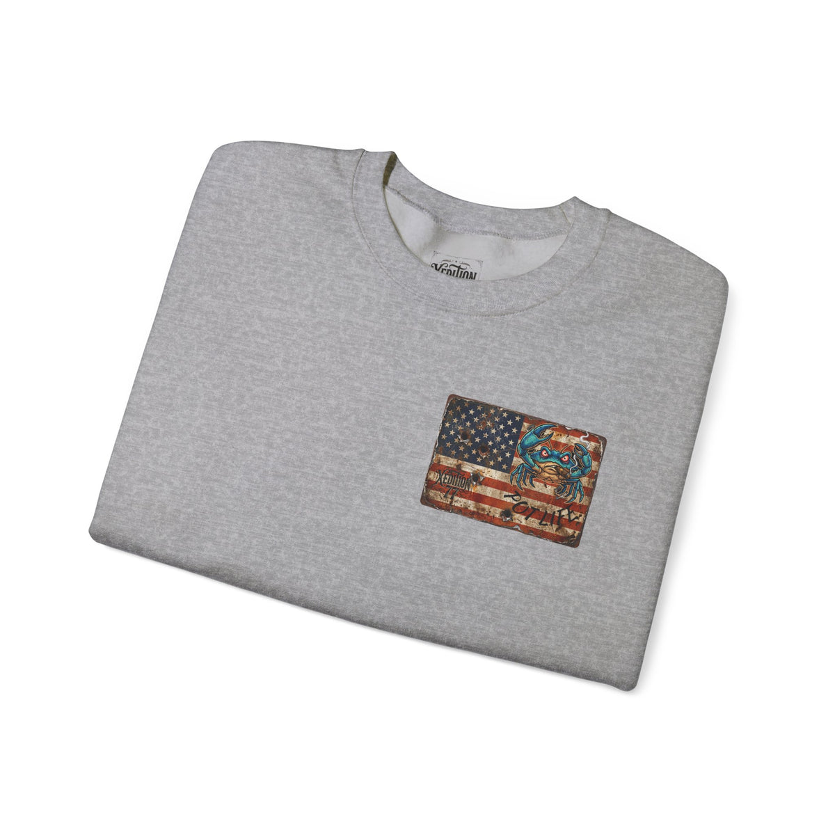 Xedition77 CRAB"POT" LIFE GUINEA VA.American Flag Chest Patch Crewneck Sweatshirt