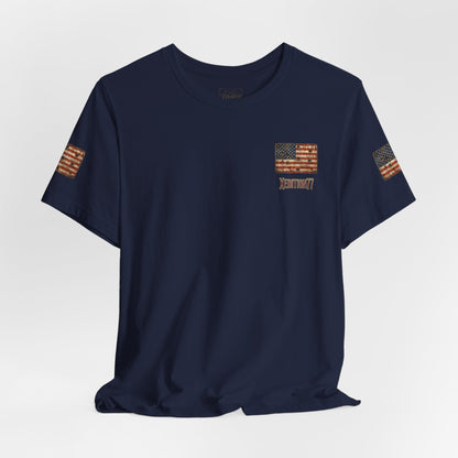 American Flag Pocket T‑Shirt — Rustic USA Patriot Tee with ‘All Veterans’ Text