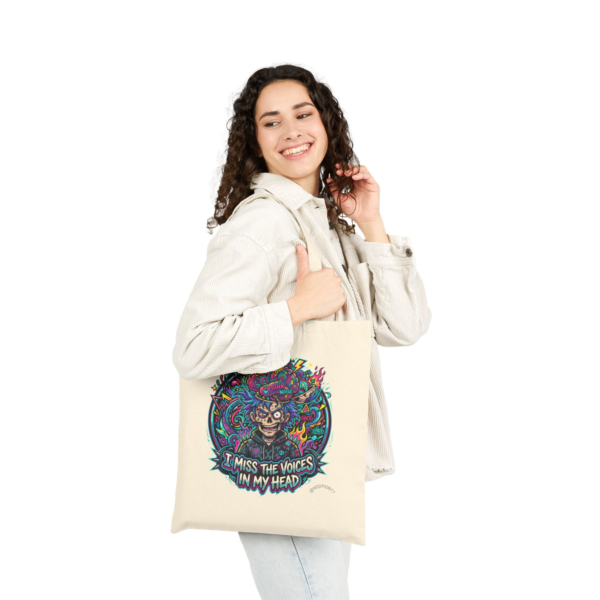 Xedition77 Tote Bag   Psychedelic Skull "I Miss The Voices In My Head" Canvas Tote
