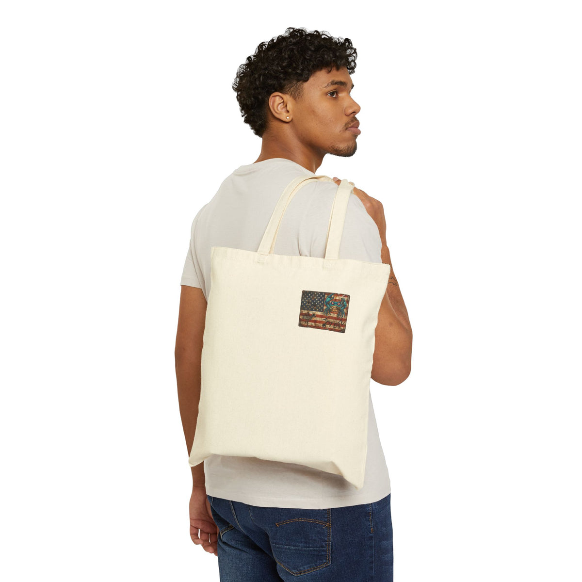 Xedition77 Guinea VA. CRAB" POT" LIFE Vintage American Flag Cotton Tote Bag — Small Patriotic Canvas Grocery Tote