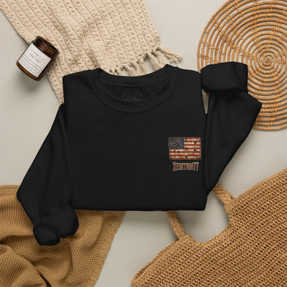 Crewneck Sweatshirt — Distressed American Flag "ADVENTURE" Chest Graphic