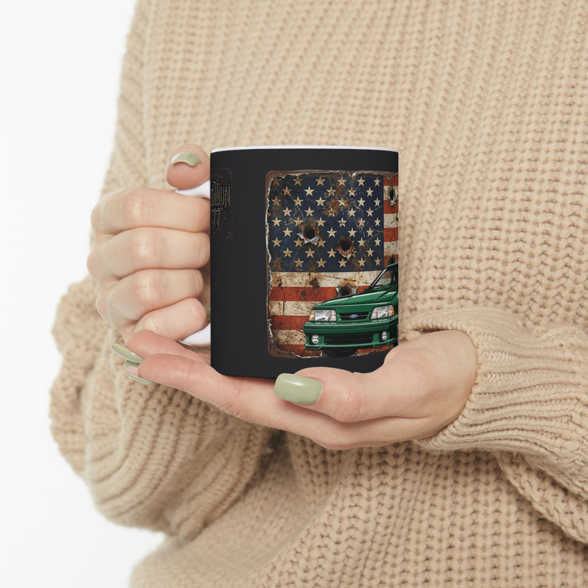 American Muscle Car Mug — Green Foxbody Mustang with Distressed Flag (11oz/15oz)