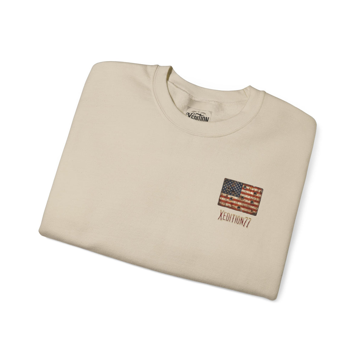 Crewneck Sweatshirt — Distressed American Flag "ADVENTURE" Chest Graphic