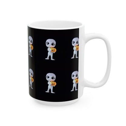 Mummy Holding Jack-o’-Lantern Ceramic Mug — Cute Halloween Coffee Cup (11oz &amp; 15oz)