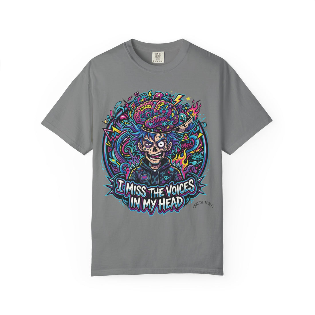 Graphic T-Shirt — "I Miss the Voices in My Head" Colorful Psychedelic Skull Tee