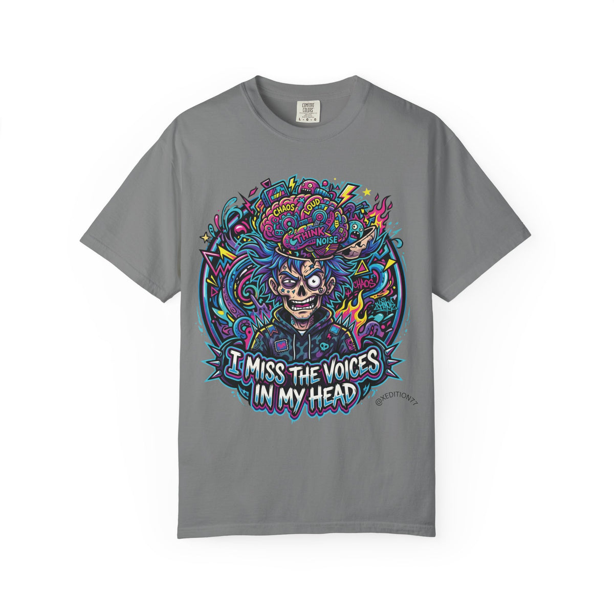 Graphic T-Shirt — "I Miss the Voices in My Head" Colorful Psychedelic Skull Tee