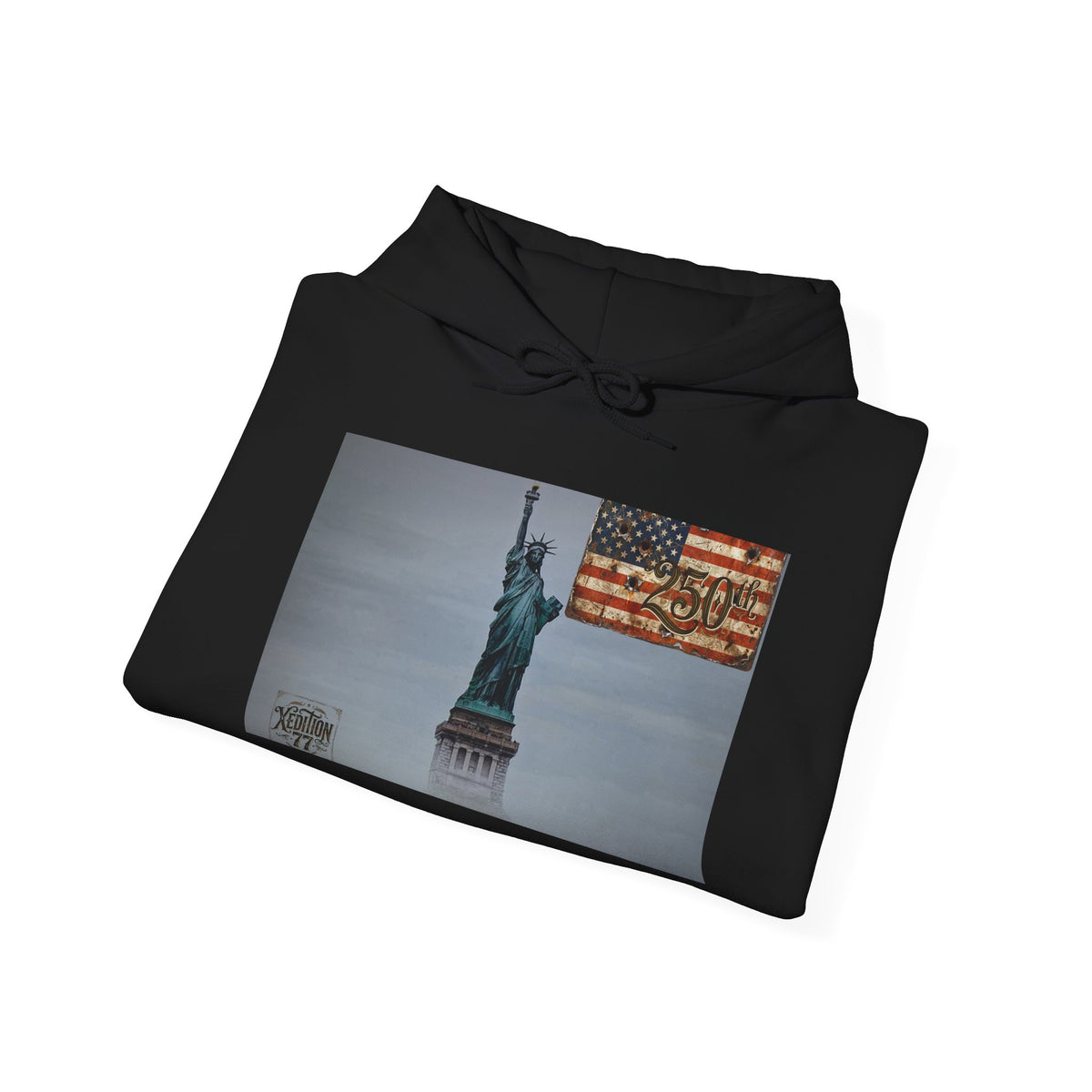 Statue of Liberty flag hoodie featuring a misty skyline and an American flag design.