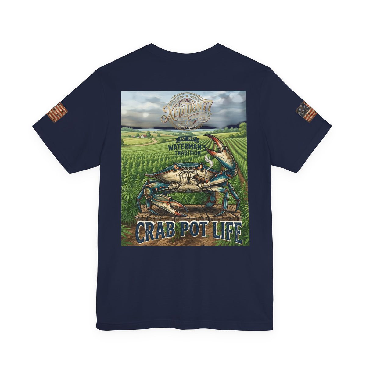 XEDITION77 "Crab Pot Life"American Flag Chest Pocket T‑Shirt