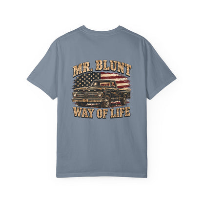 Mr. Blunt Way of Life T-Shirt - Vintage Truck &amp; American Flag Graphic